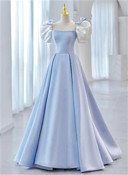 Picture of Blue Satin Short Sleeves with Bow Lace-up Party Dresses, Blue Prom Dresses